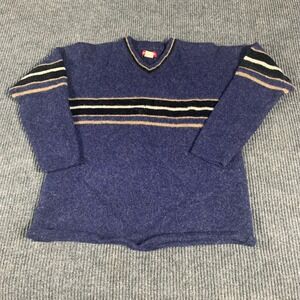 VTG‎ Unionbay Sweater Mens Medium Blue Striped V Neck Retro Y2K Slim Fit Preppy